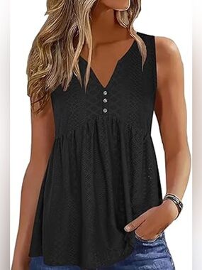 ETCYY Black Eyelet Lace Babydoll Top V-Neck Rhinestone Button Sleeveless S NWT